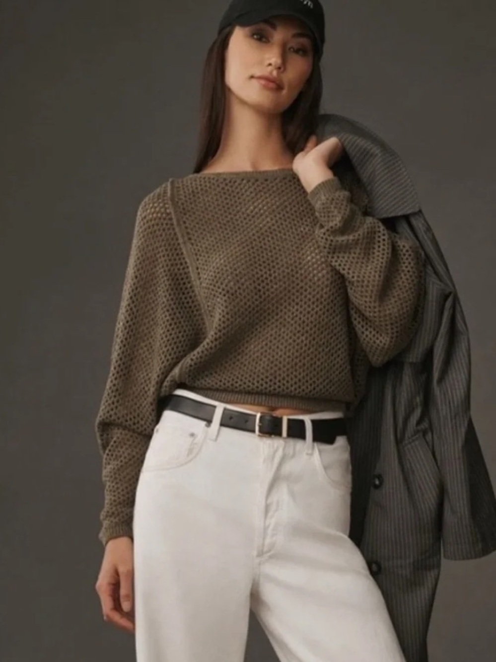 Pilcro Open-Stitch Crew-Neck Sweater, XS, olive.